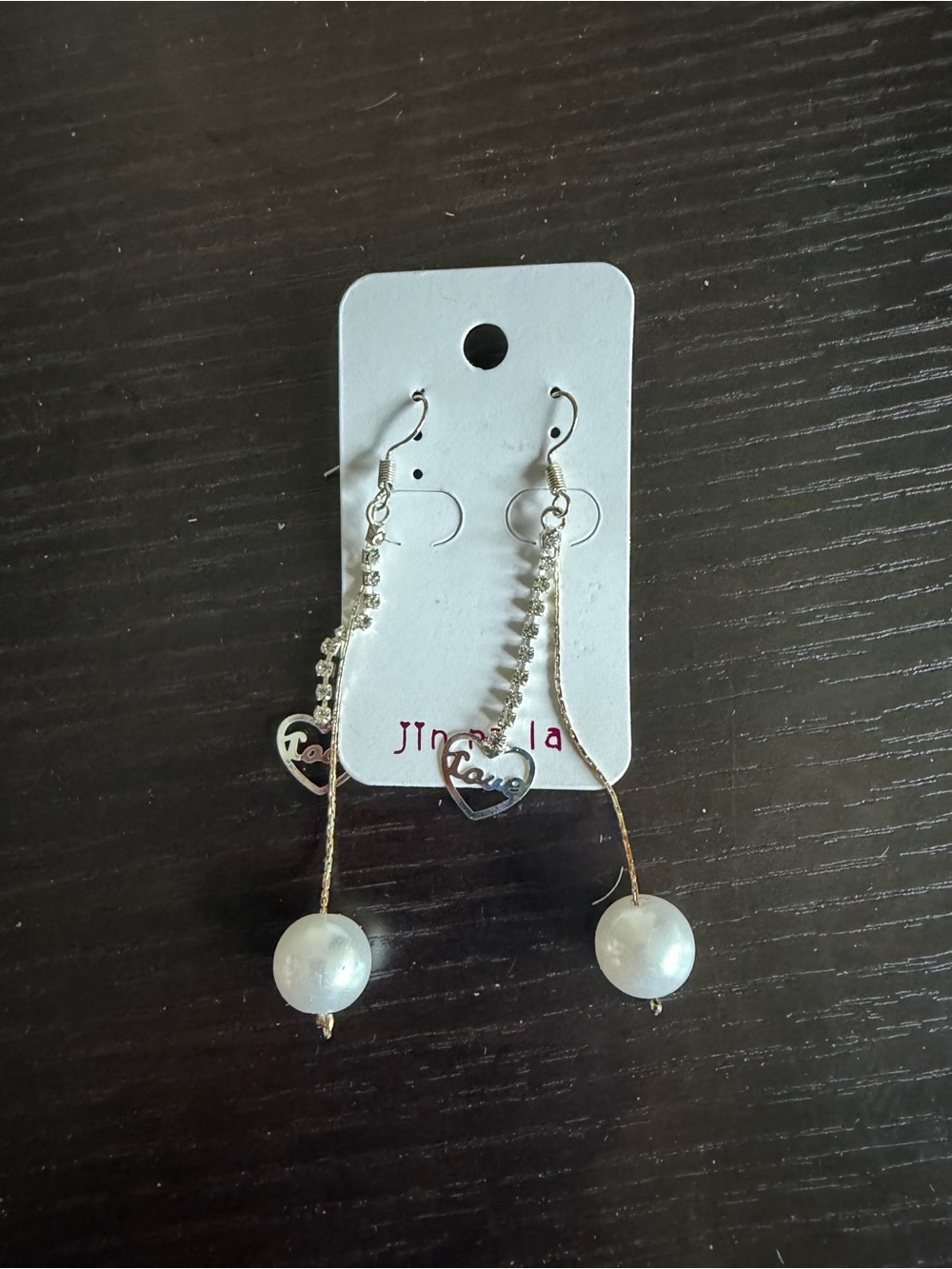 Silver-tone Heart Love Dangle Earrings with White faux Pearls